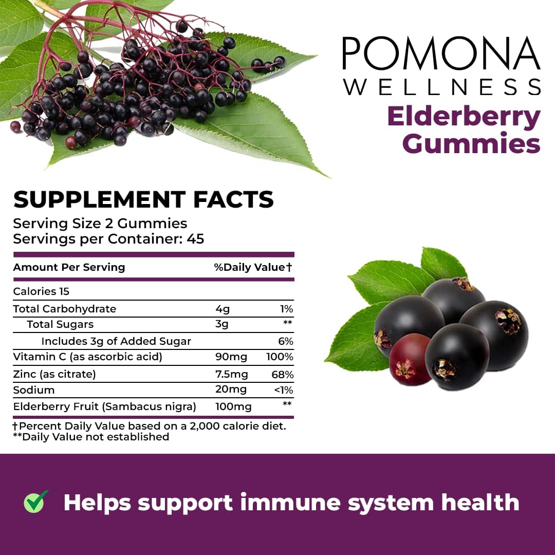 Pomona Wellness Elderberry Gummies with Zinc and Vitamin C for Immune  90 Gummies