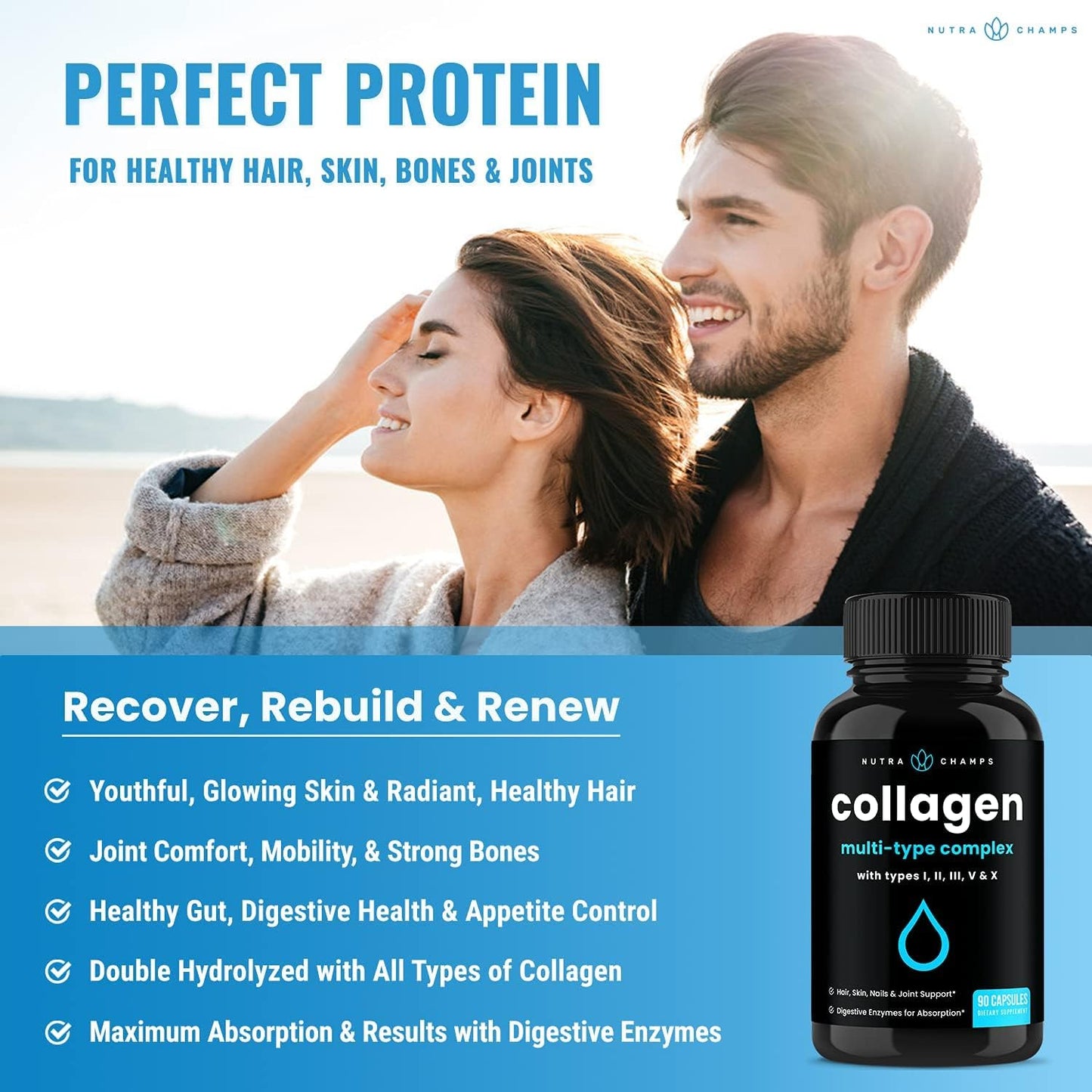 Multi Collagen Pills | Types I,II,III,V,X | Double Hydrolyzed Collagen Peptides Powder Capsules  90 capsules pack of 2