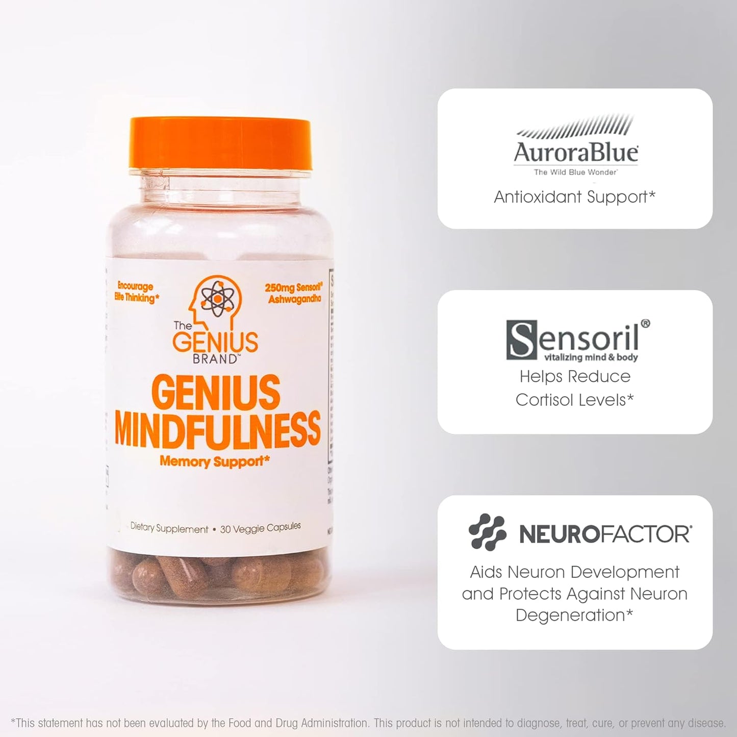 Genius Mindfulness Supplement, Nootropic Cognitive Brain Booster Enhances Memory 30 count