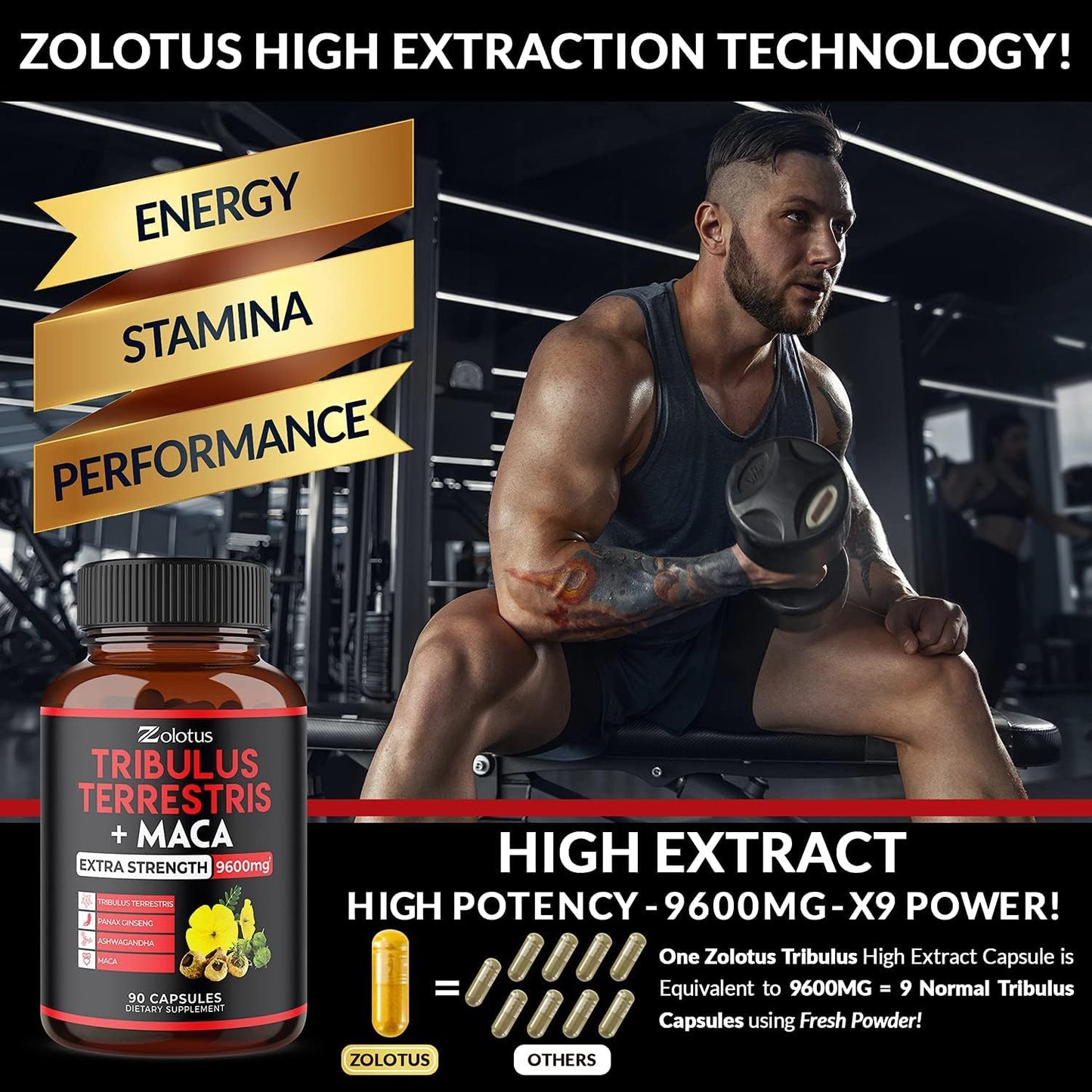 Zolotus Premium Tribulus Terrestris Capsules - 9600mg Per Serving -90 count