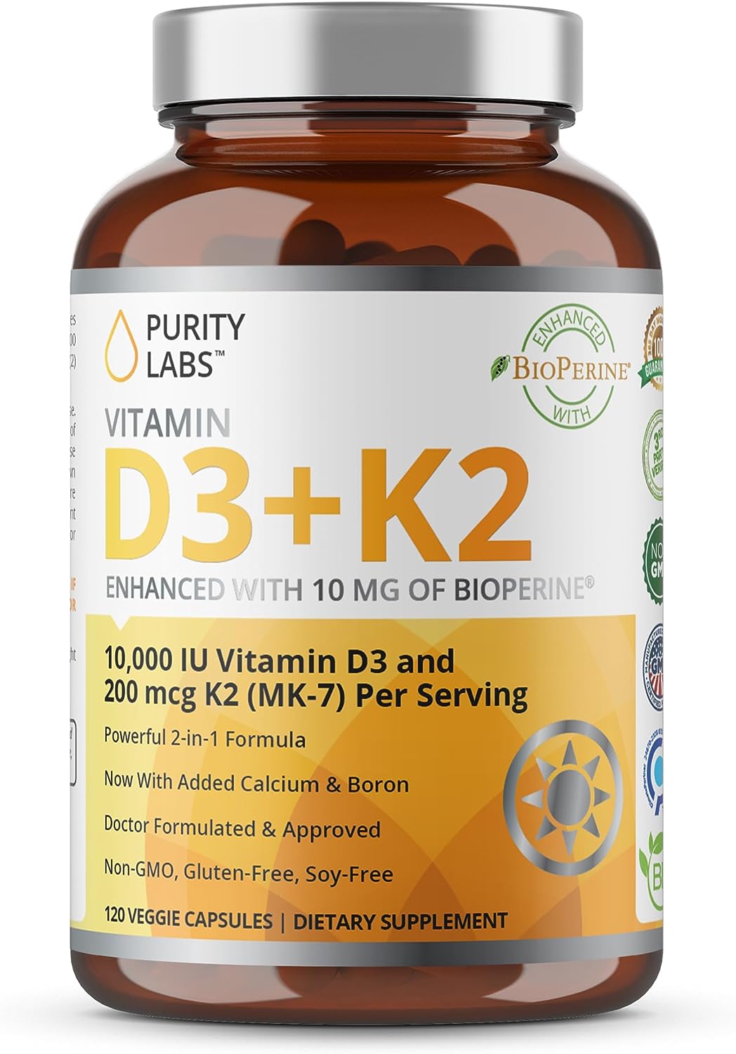 Purity Labs Vitamin D3 K2 10000 IU, (250mcg) D3 + 200mcg K2 MK7 - 120 Capsules