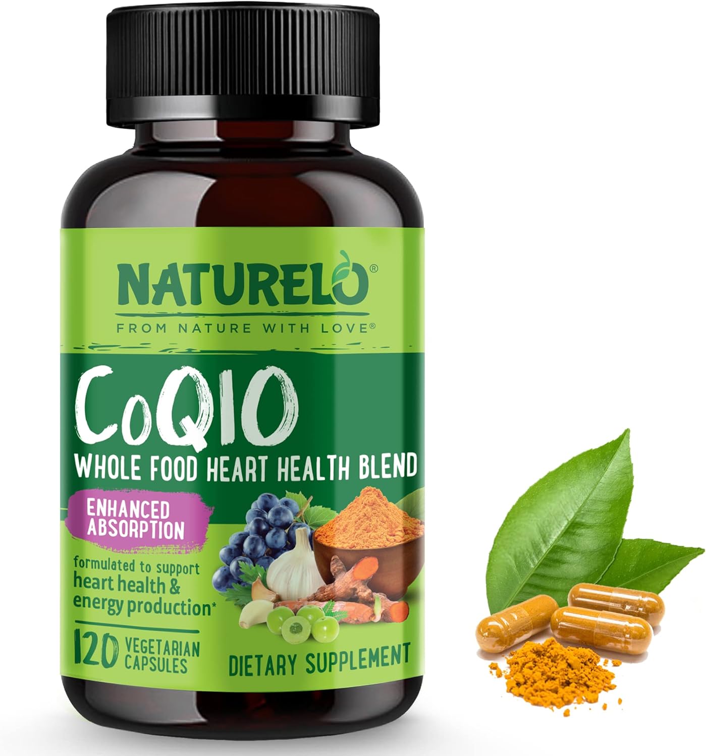 NATURELO Whole Food CoQ10 with Heart Health Blend, 120 capsules