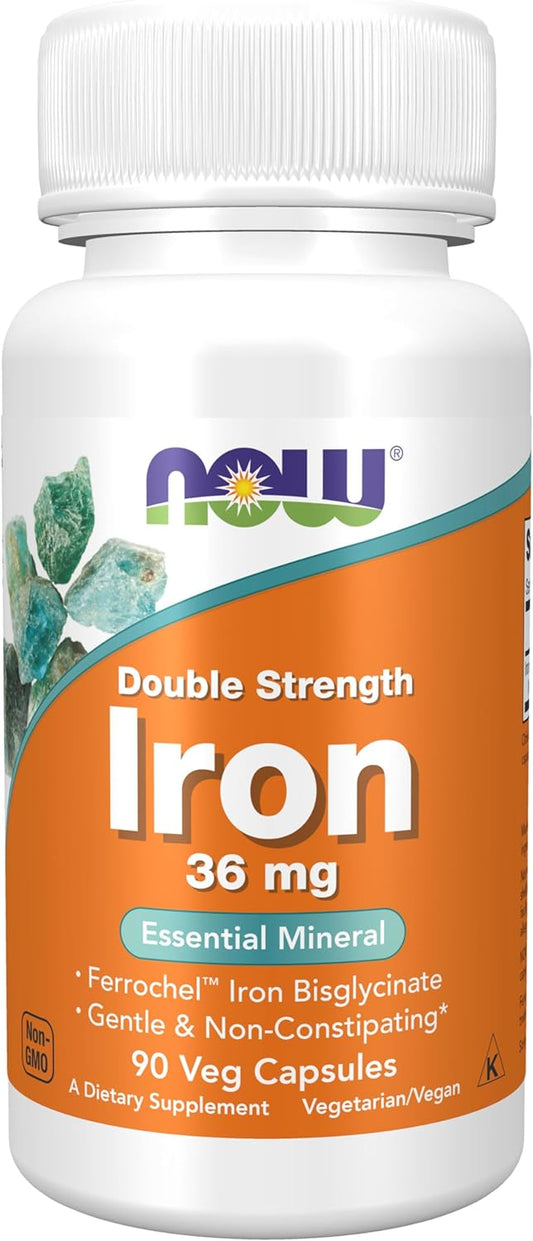 NOW Supplements, Iron 36 mg, Double Strength, Non-Constipating, Essential Mineral, 90 Veg Capsules