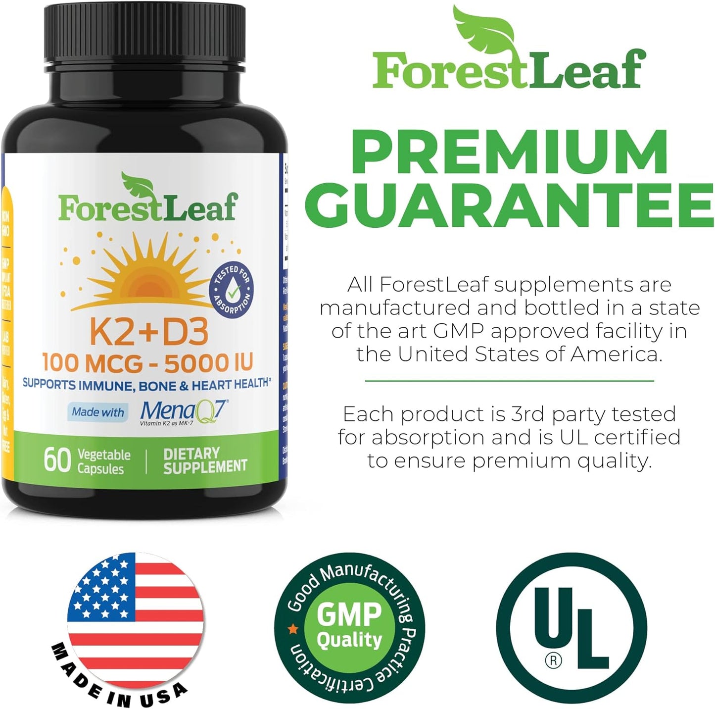 ForestLeaf Vitamin D3 + K2 (MK7) Supplement - 60 Veggie Capsules