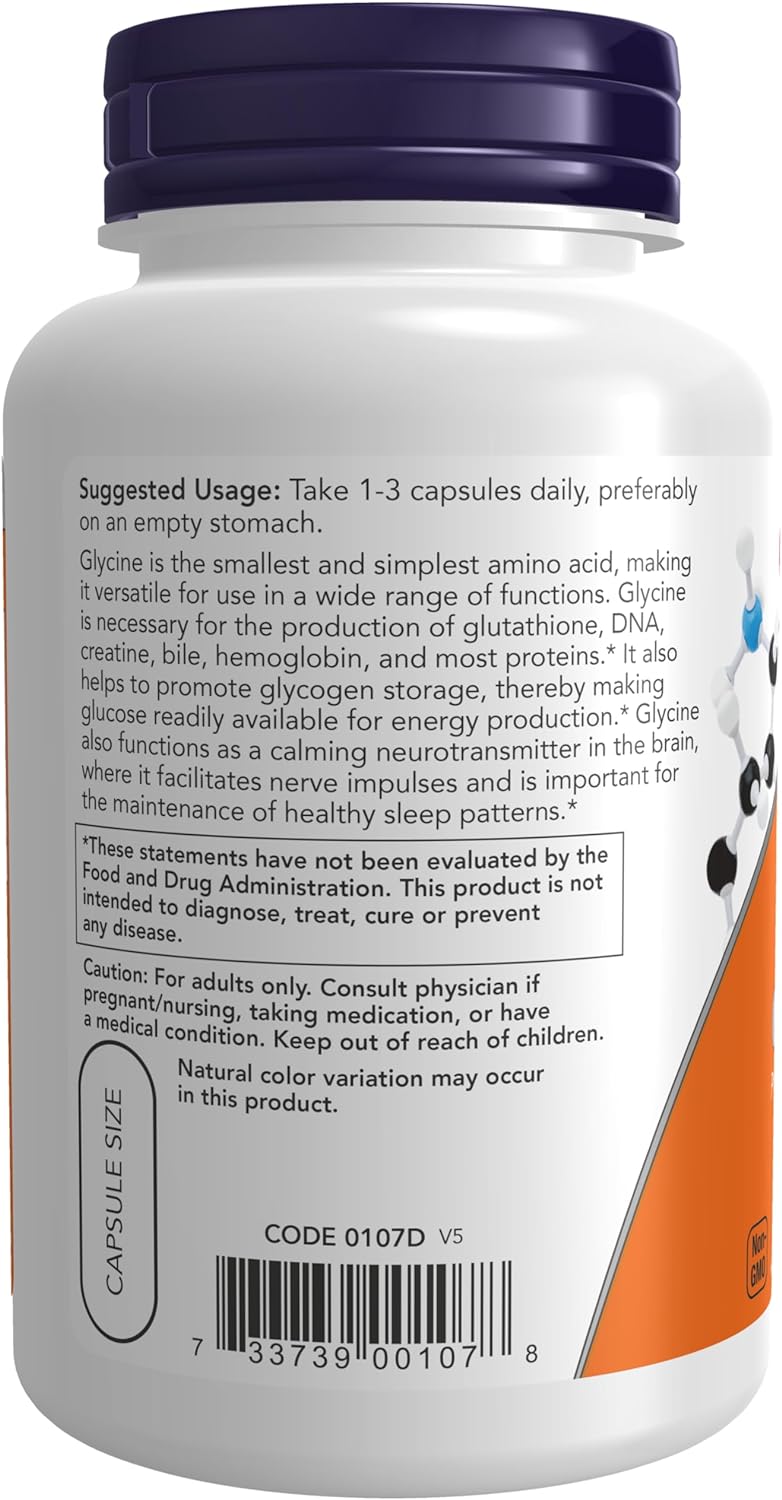 NOW Supplements, Glycine 1,000 mg Free-Form, Neurotransmitter Support, 100 Veg Capsules