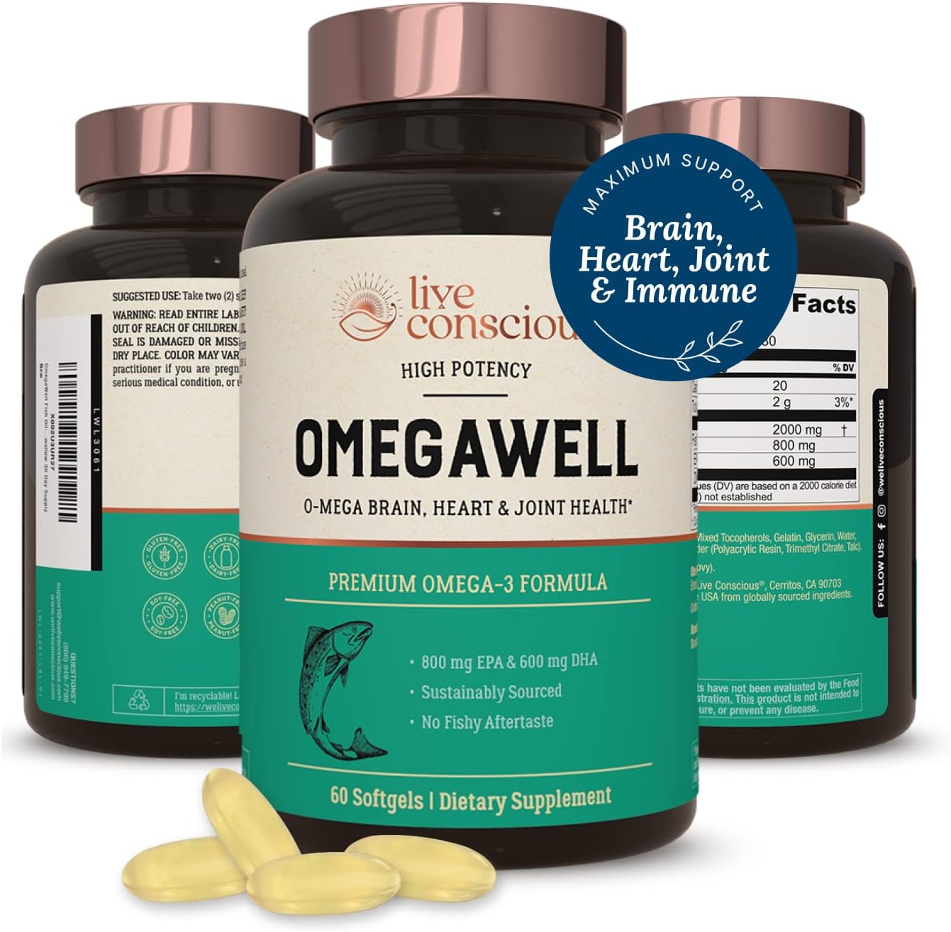 OmegaWell Omega 3 Fish Oil - 2000mg Capsules - 800 mg EPA 600 mg DHA -60 softgels