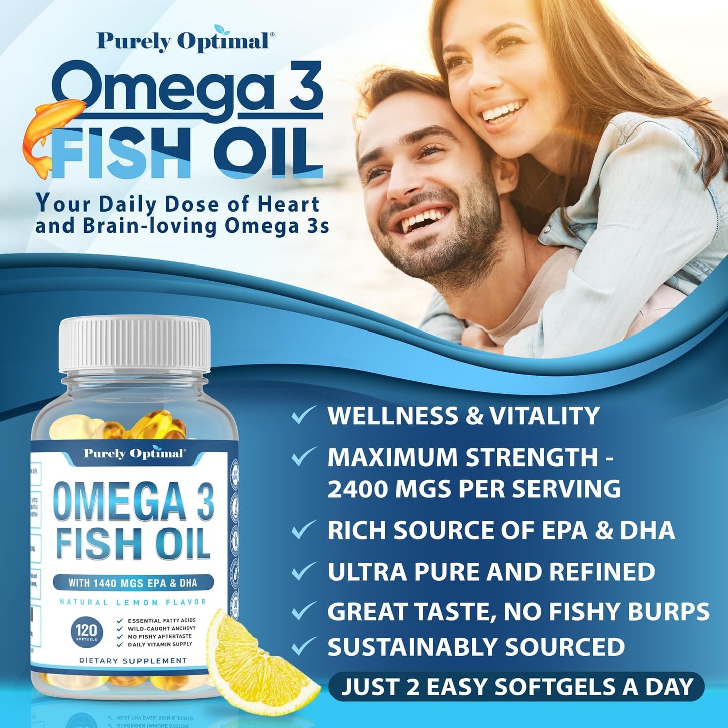 Premium Omega 3 Fish Oil Supplement 2400mg -120 Softgels