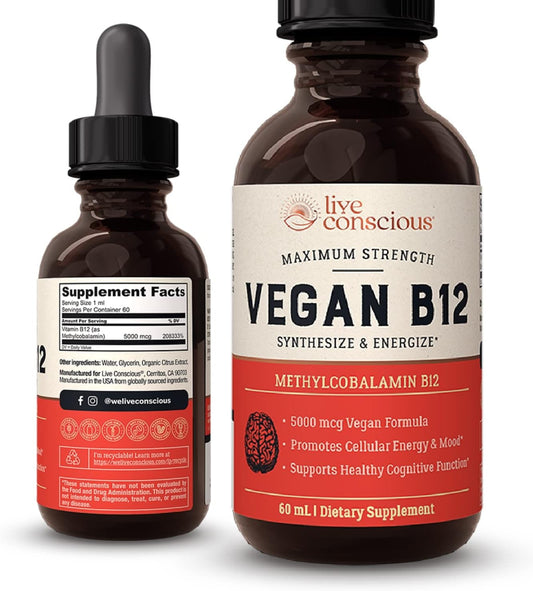 Vegan Vitamin B12 Sublingual Liquid Drops by Live Conscious - 60 ml