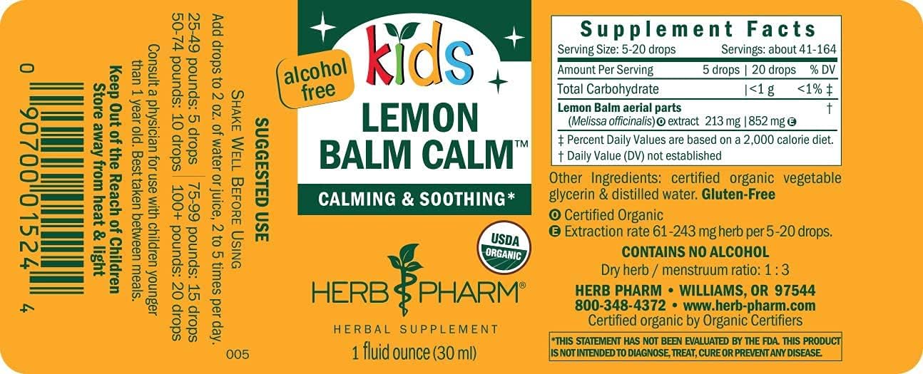 Herb Pharm Kids -Organic Alcohol-Free Lemon Balm Calm Liquid Extract, 1 Ounce