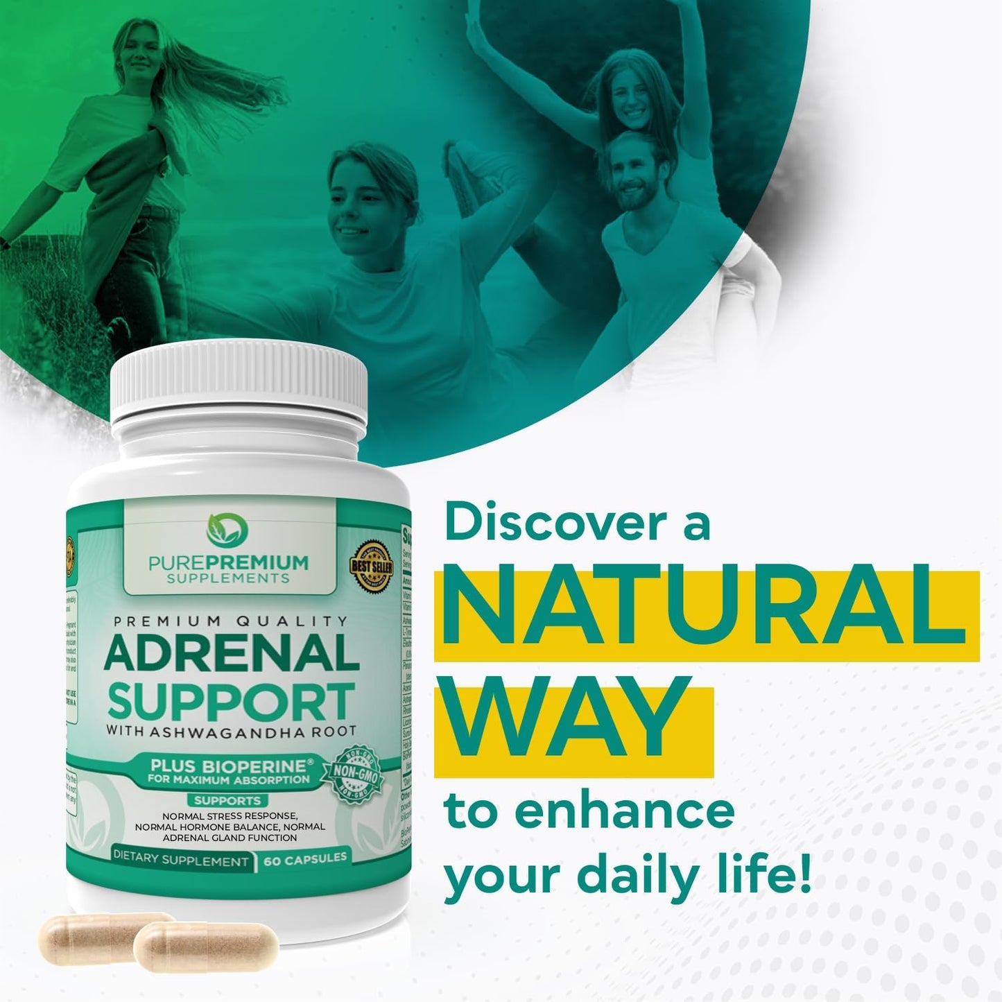 PurePremium Adrenal Support Supplements with Ashwagandha Root Extract  - 60 Capsules