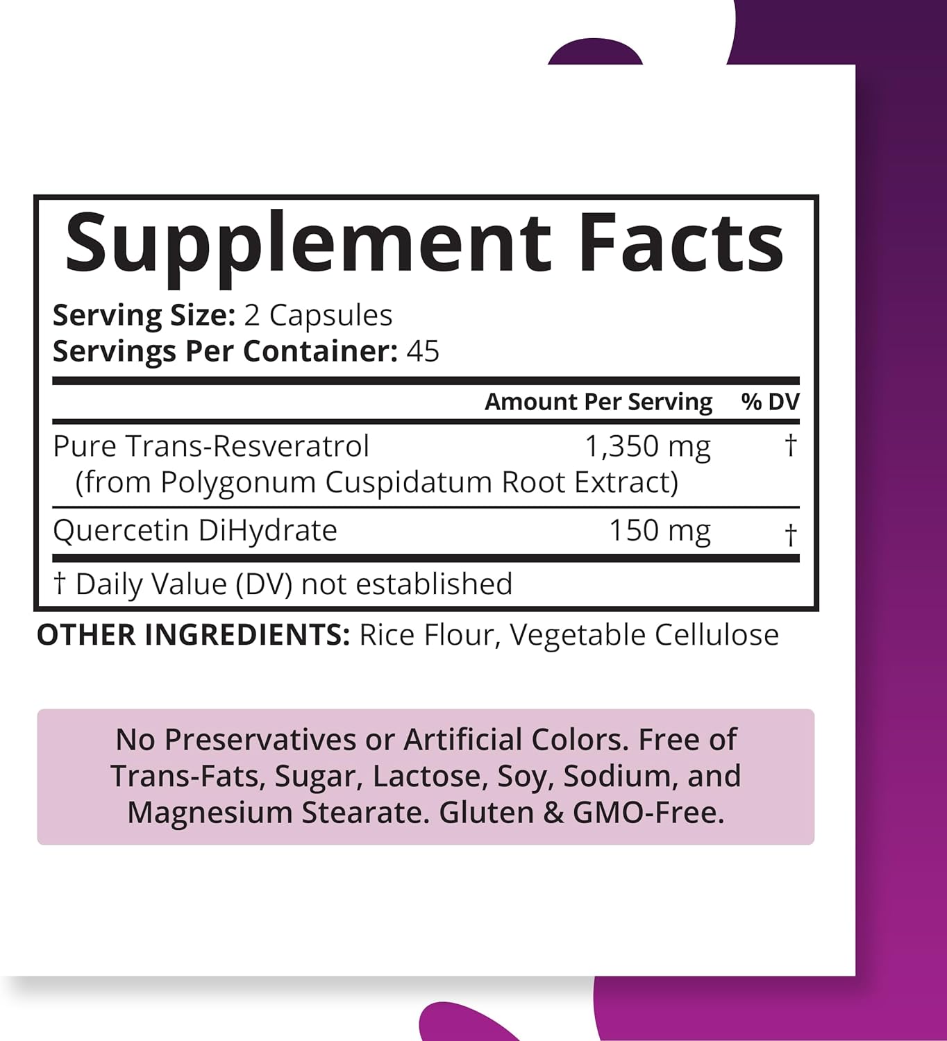 Purity Labs Pure Trans-Resveratrol Supplement + Quercetin 1500mg, 90count