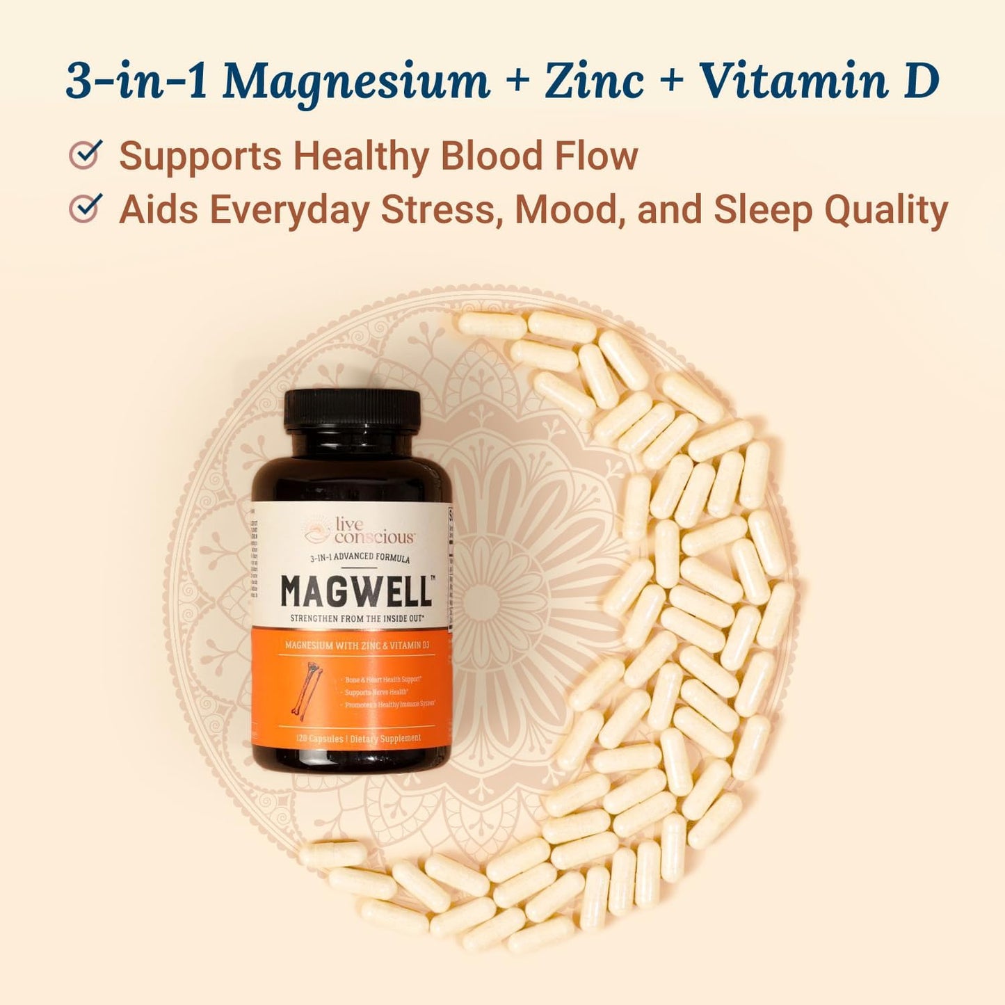 Live Conscious Magwell Magnesium Zinc & Vitamin D3 - Magnesium Glycinate, Malate, & Citrate-120 Caps