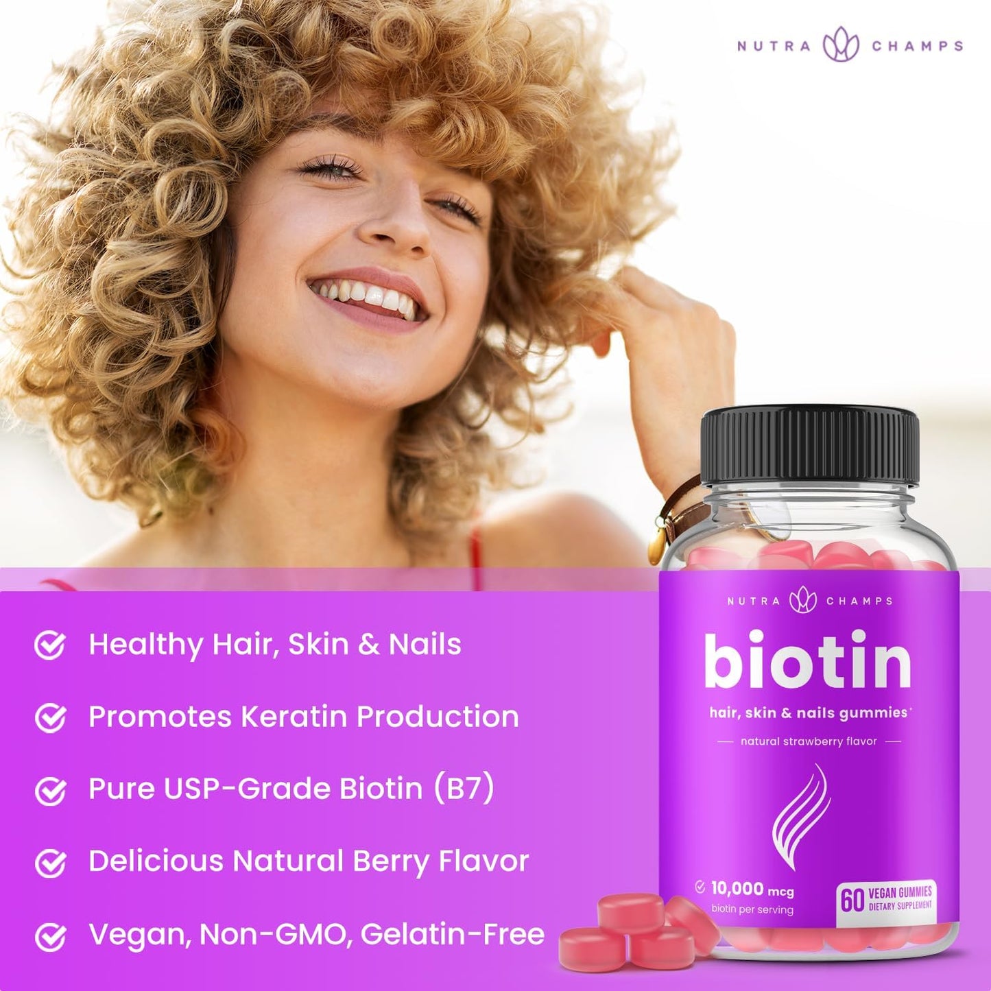 NutraChamps Biotin Gummies 10000mcg 60 count