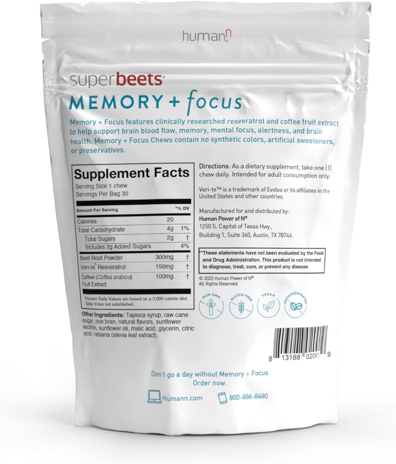 humanN SuperBeets Memory & Focus Brain Supplement Chews – 30 count