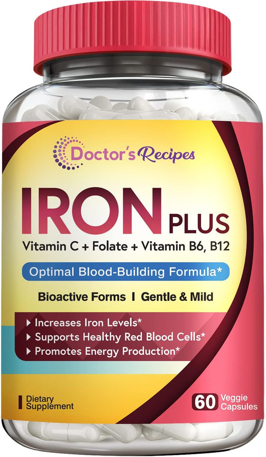 Doctor's Recipes Iron Supplement, with Vitamin C, B6, Folate & B12- 60 capsules