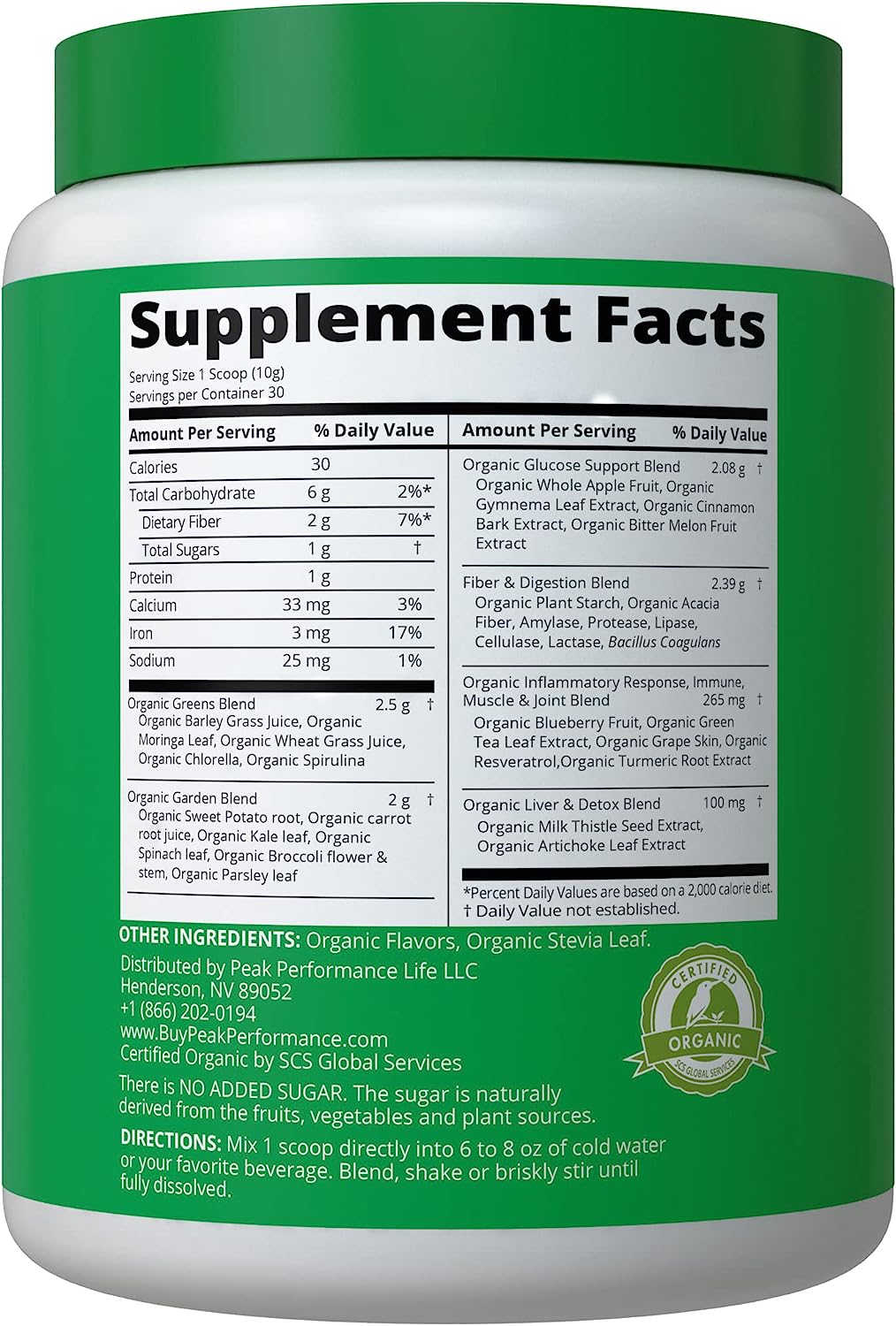 Peak Performance Organic Greens Superfood Powder