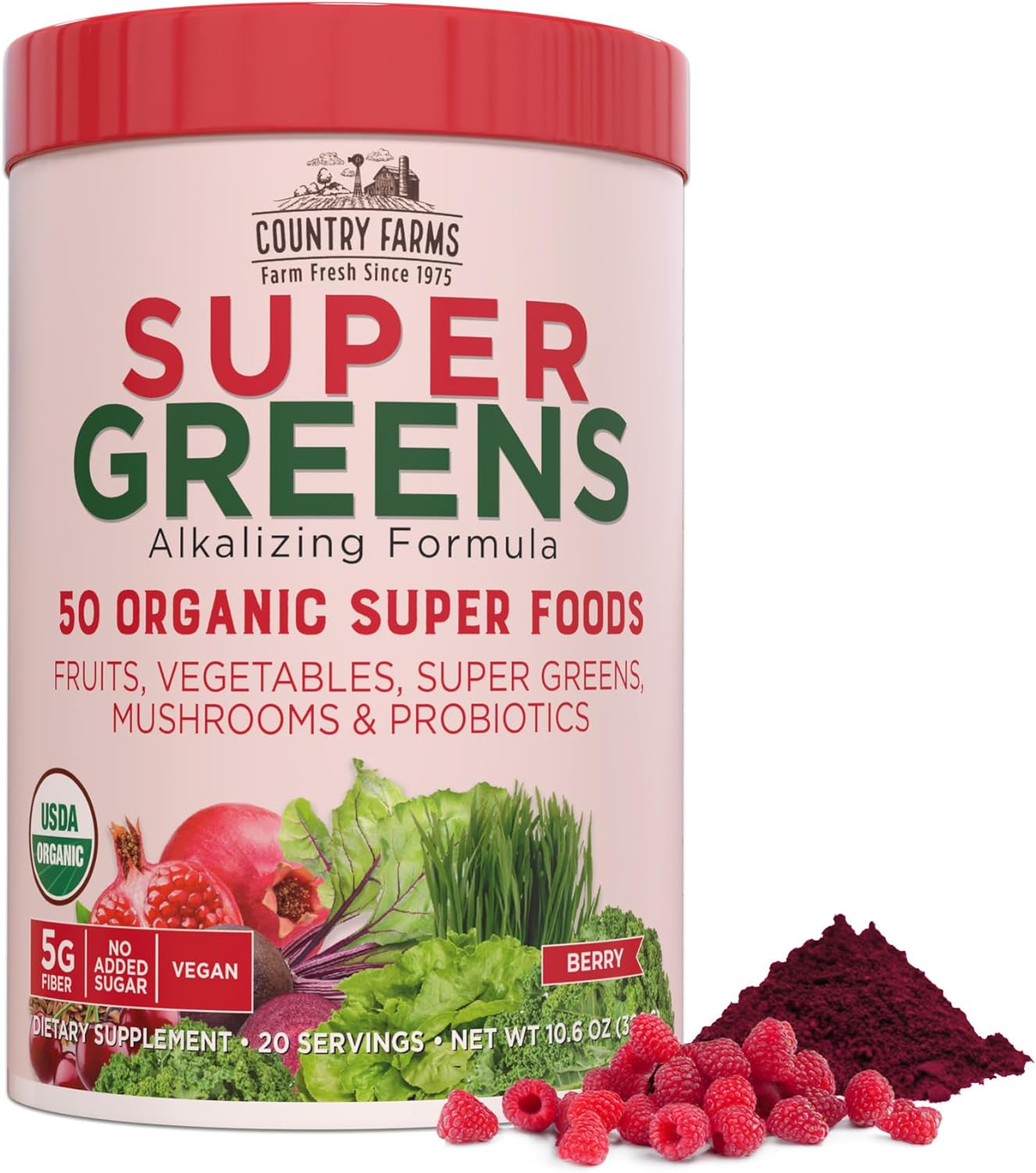 COUNTRY FARMS Super Greens Berry Flavor, 50 Organic Super Foods, 20 Servings