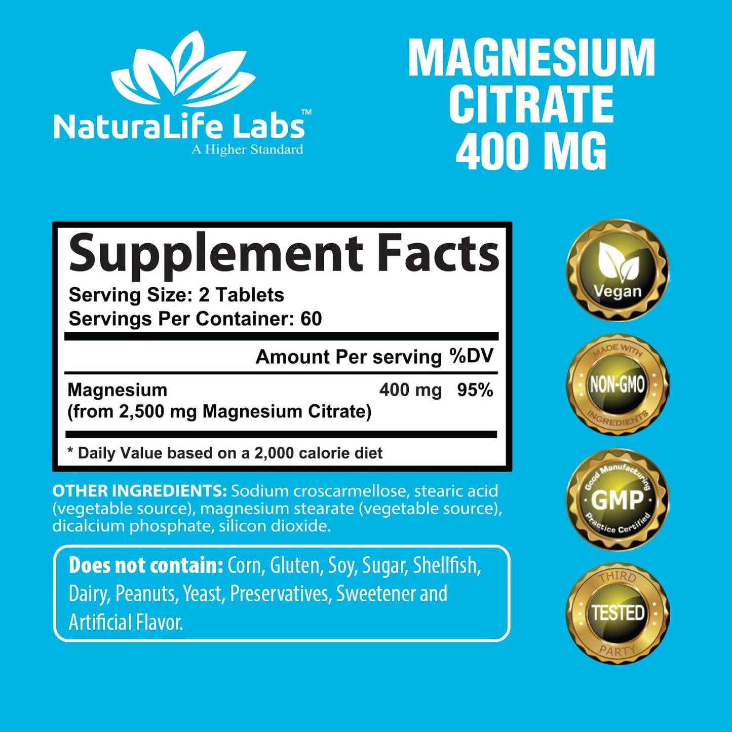 Magnesium Citrate 400 mg - High Potency Elemental 120 Tablets