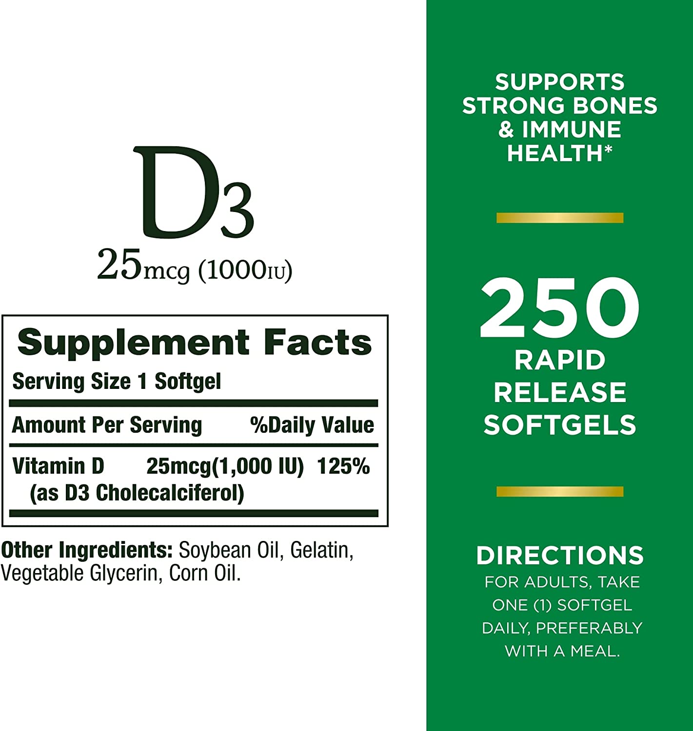 Nature’s Bounty Vitamin D3 1000 IU, Immune Support,250 Softgels