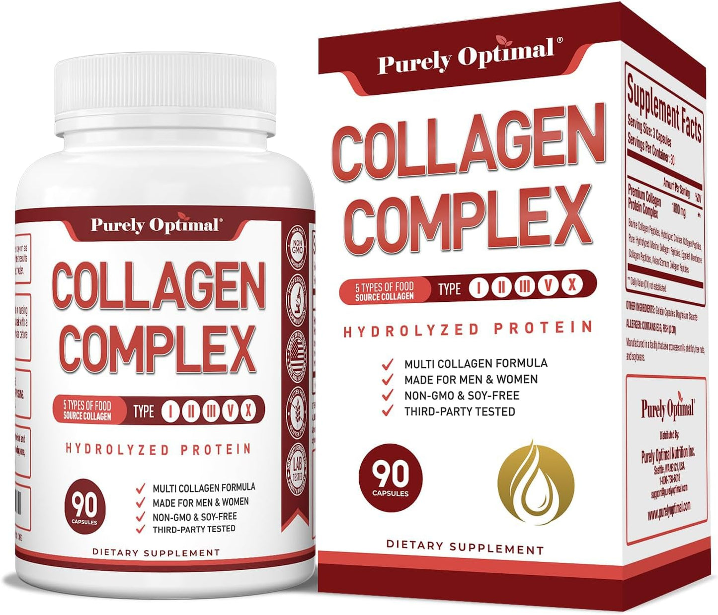 Purely Optimal Premium Multi Collagen Peptides (Types I, II, III, V, X) - 90 Capsules