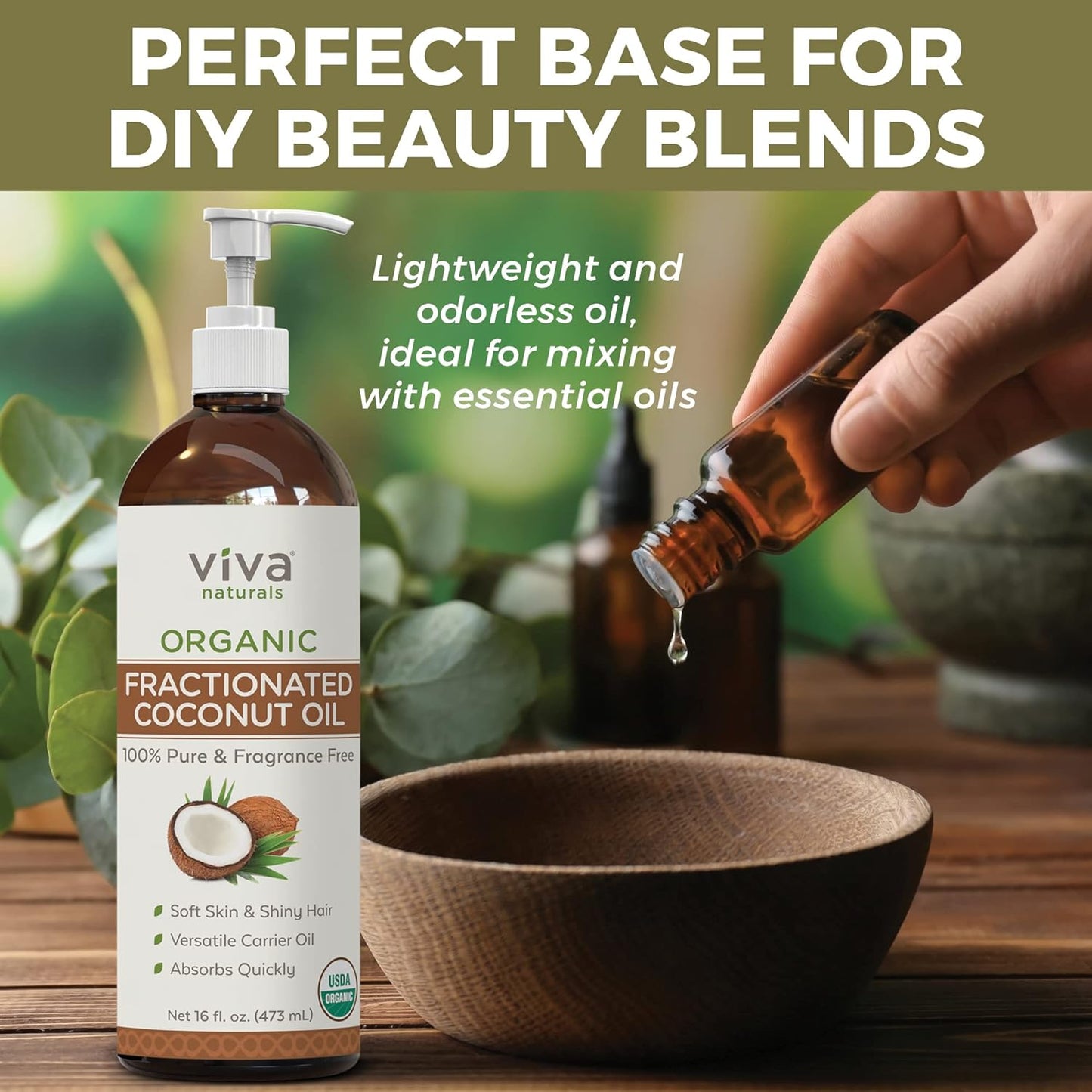 Viva Naturals Organic Fractionated Coconut Oil - Skin & Hair Moisturizer, Relaxing Massage and Body Oil