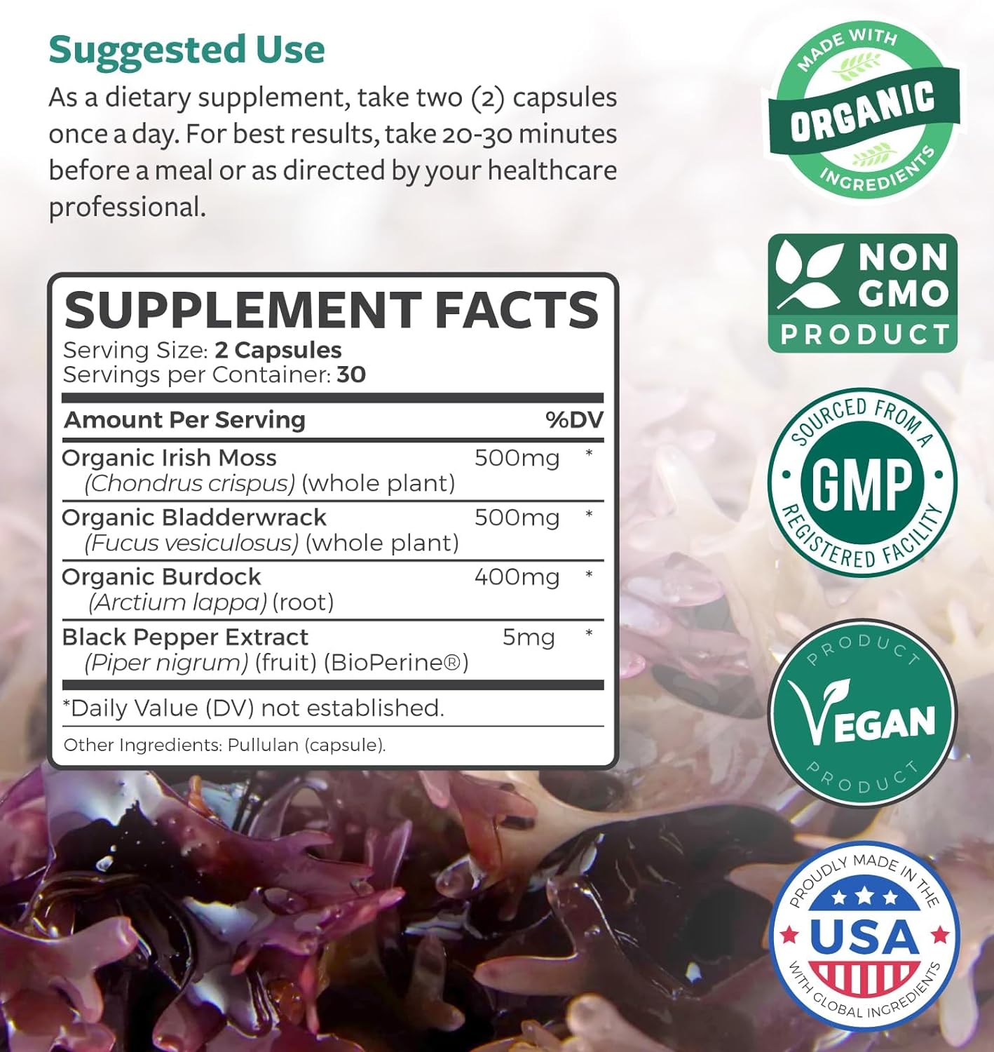 Irish Sea Moss Capsules (Non-GMO) Organic Irish Seamoss,- 60 Capsules