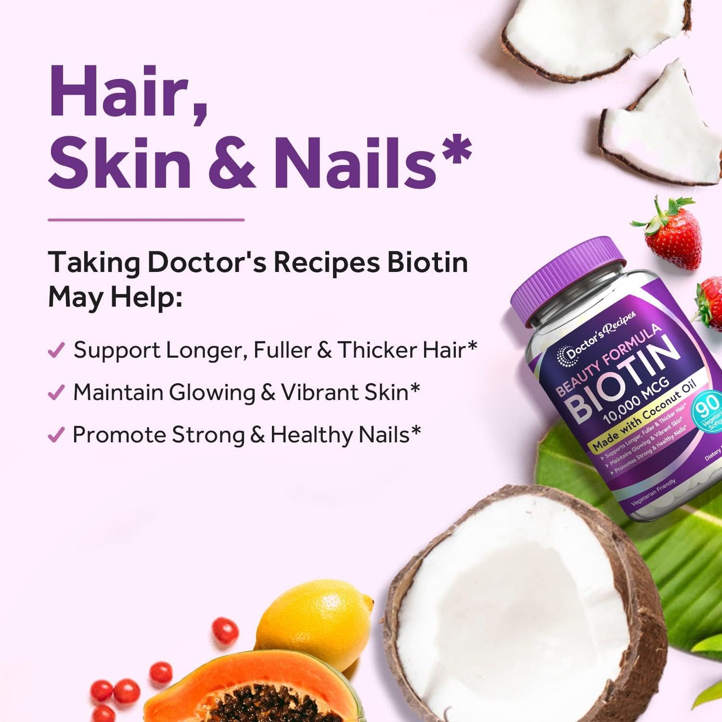 Doctor's Recipes Biotin 10,000 mcg, Hair Growth, Healthy Skin & Nails -90 softgels