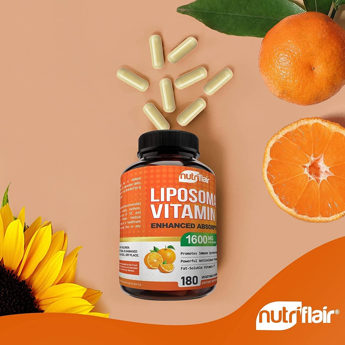 NutriFlair Liposomal Vitamin C 1600mg- High Absorption, Fat Soluble VIT C, Antioxidant Supplement  180 capsule