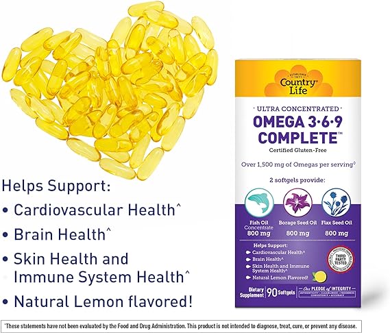 Country Life Omega 3-6-9, Ultra Concentrated, Supports Cardiovascular & Brain Health