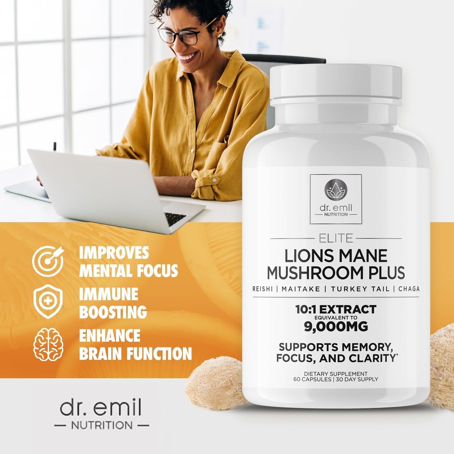 DR EMIL NUTRITION 9000mg Organic Lions Mane Supplement Capsules 60 count