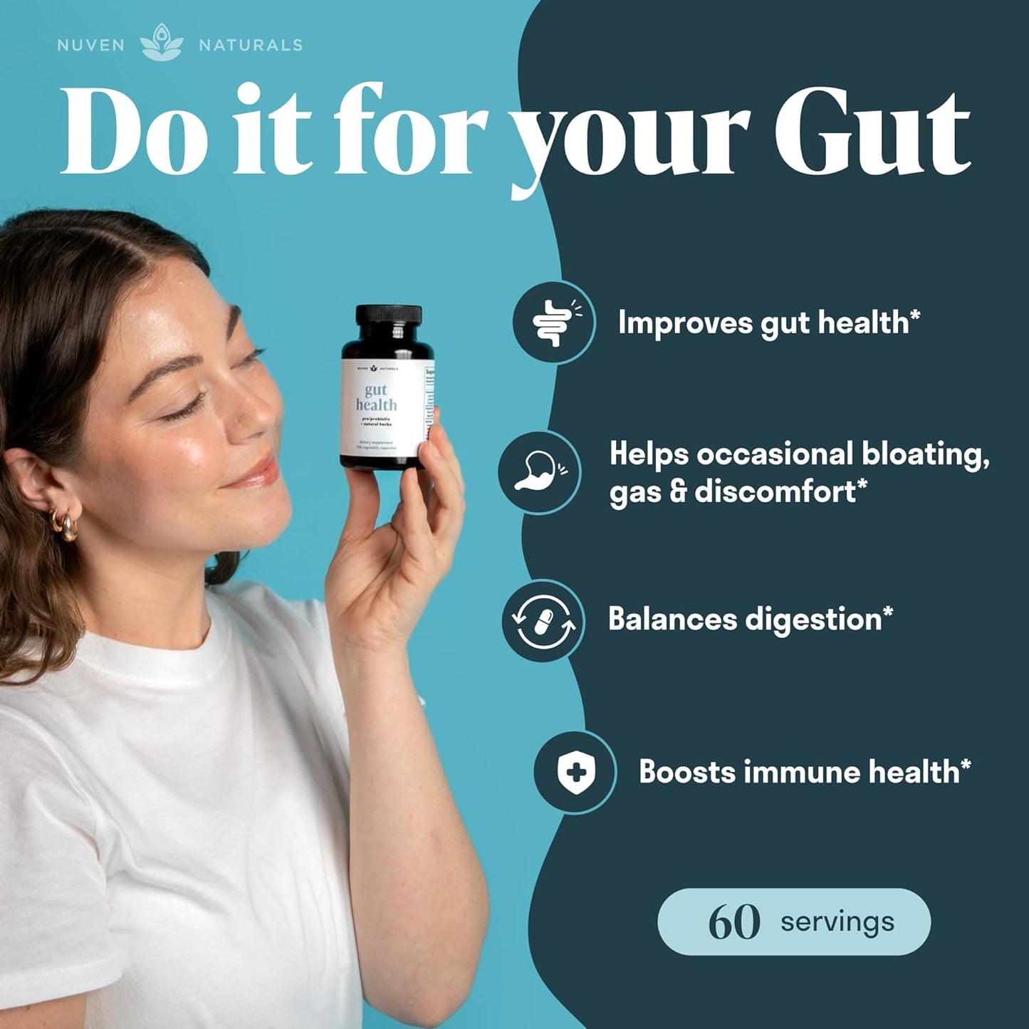 Nuven Naturals All-in-One Gut Health w/Probiotics, Prebiotics, Digestion 120 capsules