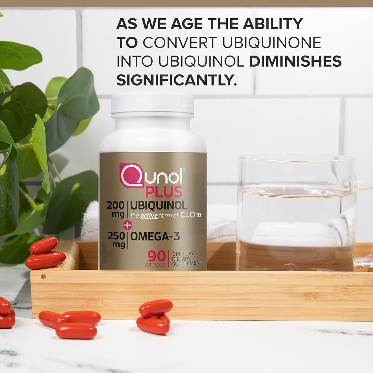 Qunol Plus Ubiquinol + Omega 3, Ubiquinol CoQ10 200mg with 250mg Omega-3 Fish Oil, 90 count