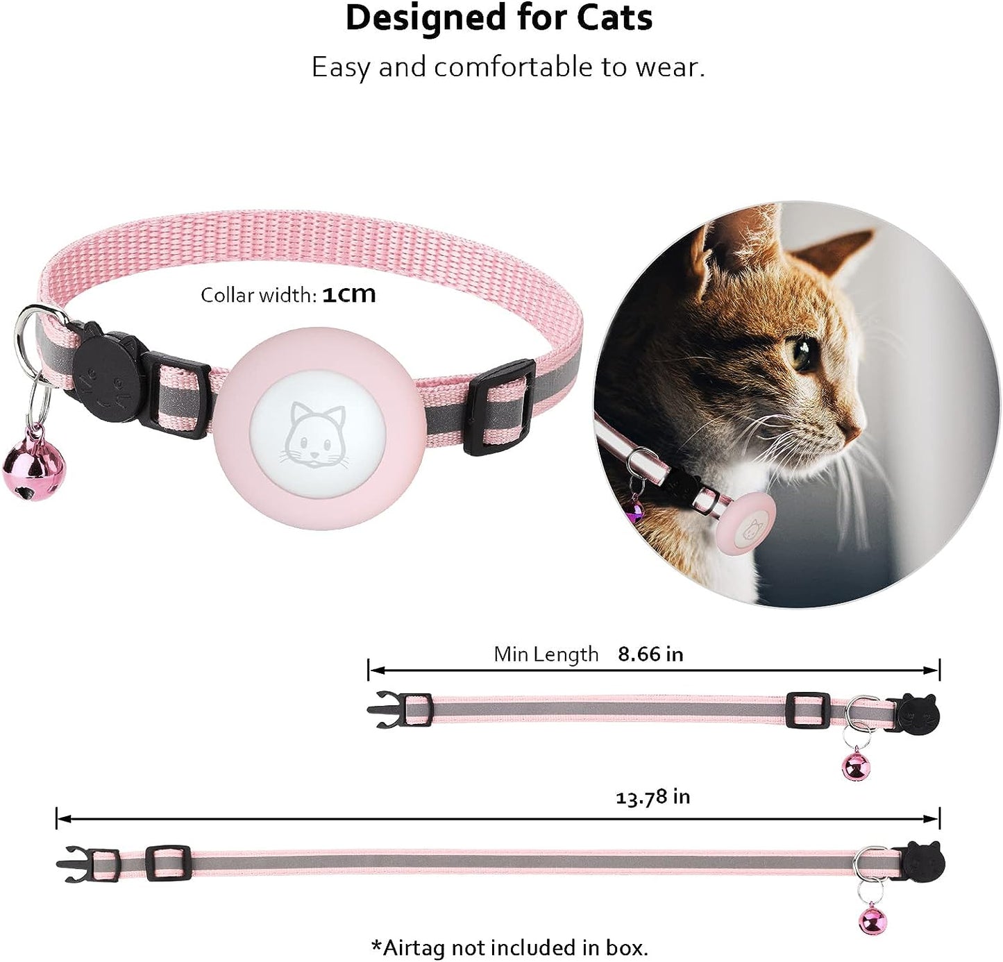 Airtag Cat Collar with Breakaway Bell, Reflective Adjustable Strap with Air Tag Case for Cat Kitten (Pink)