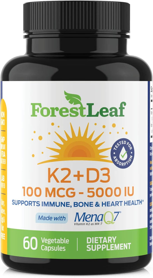 ForestLeaf Vitamin D3 + K2 (MK7) Supplement - 60 Veggie Capsules