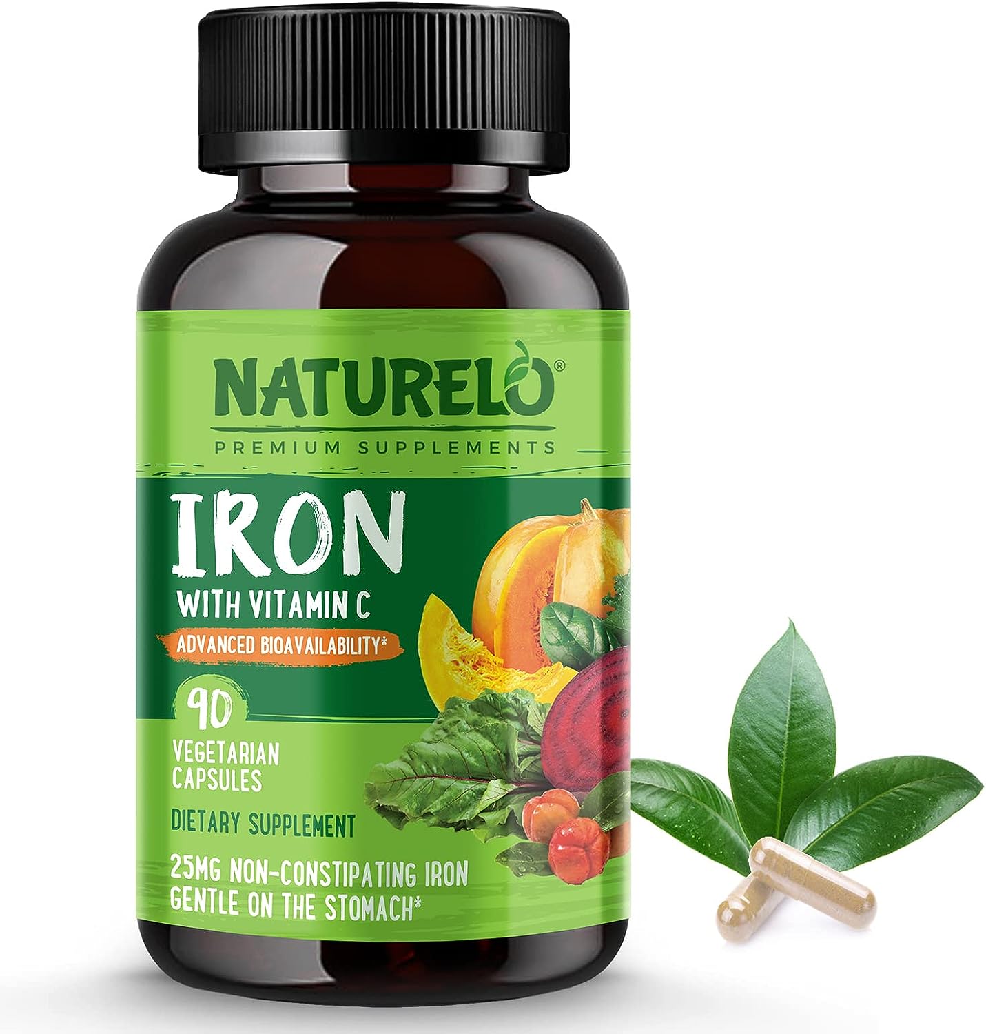 NATURELO Vegan Iron Supplement with Vitamin C and Organic Whole Foods - 90 capsules