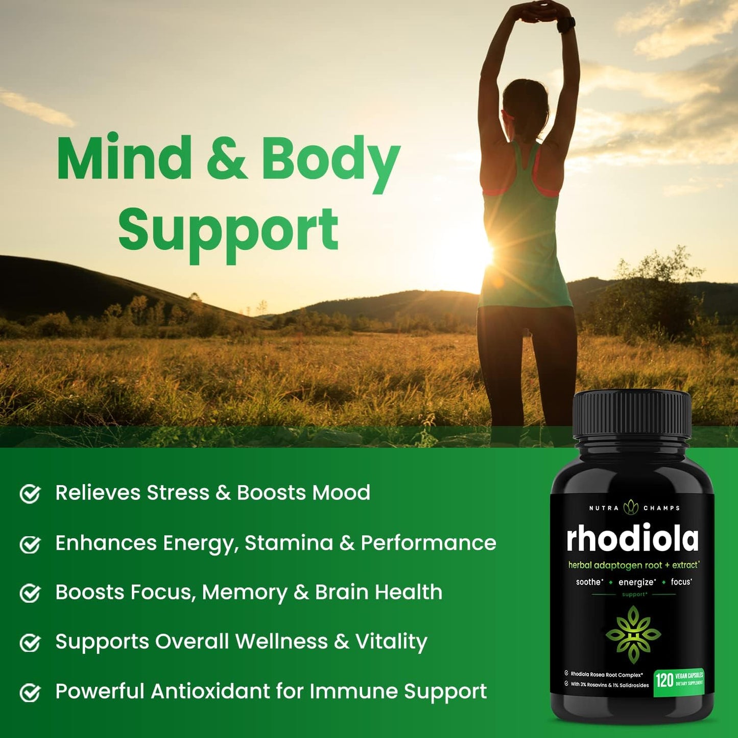 NutraChamps Rhodiola Rosea Capsules [120] Rosavin Plus Salidrosides