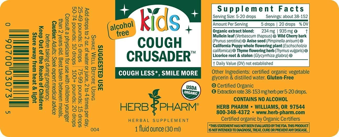 Herb Pharm Kids Certified-Organic Alcohol-Free Cough Crusader 1 Fl Oz