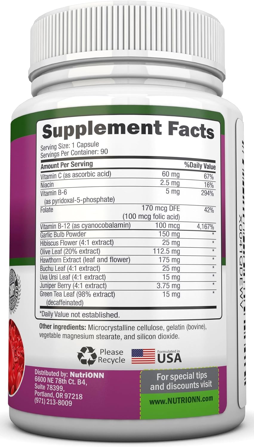 Blood Pressure Support Supplement - 13 Herbs & Vitamins - 90 capsules