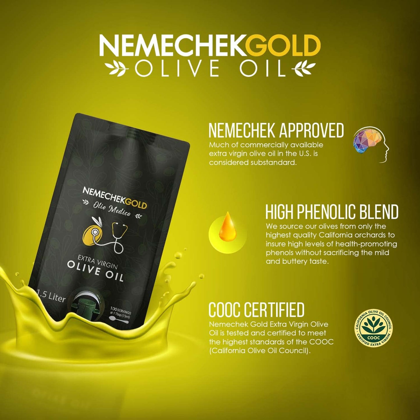 Nemechek Gold Extra Virgin Olive Oil, COOC-Certified, Oxygen-Free Pouch, 1.5 liters