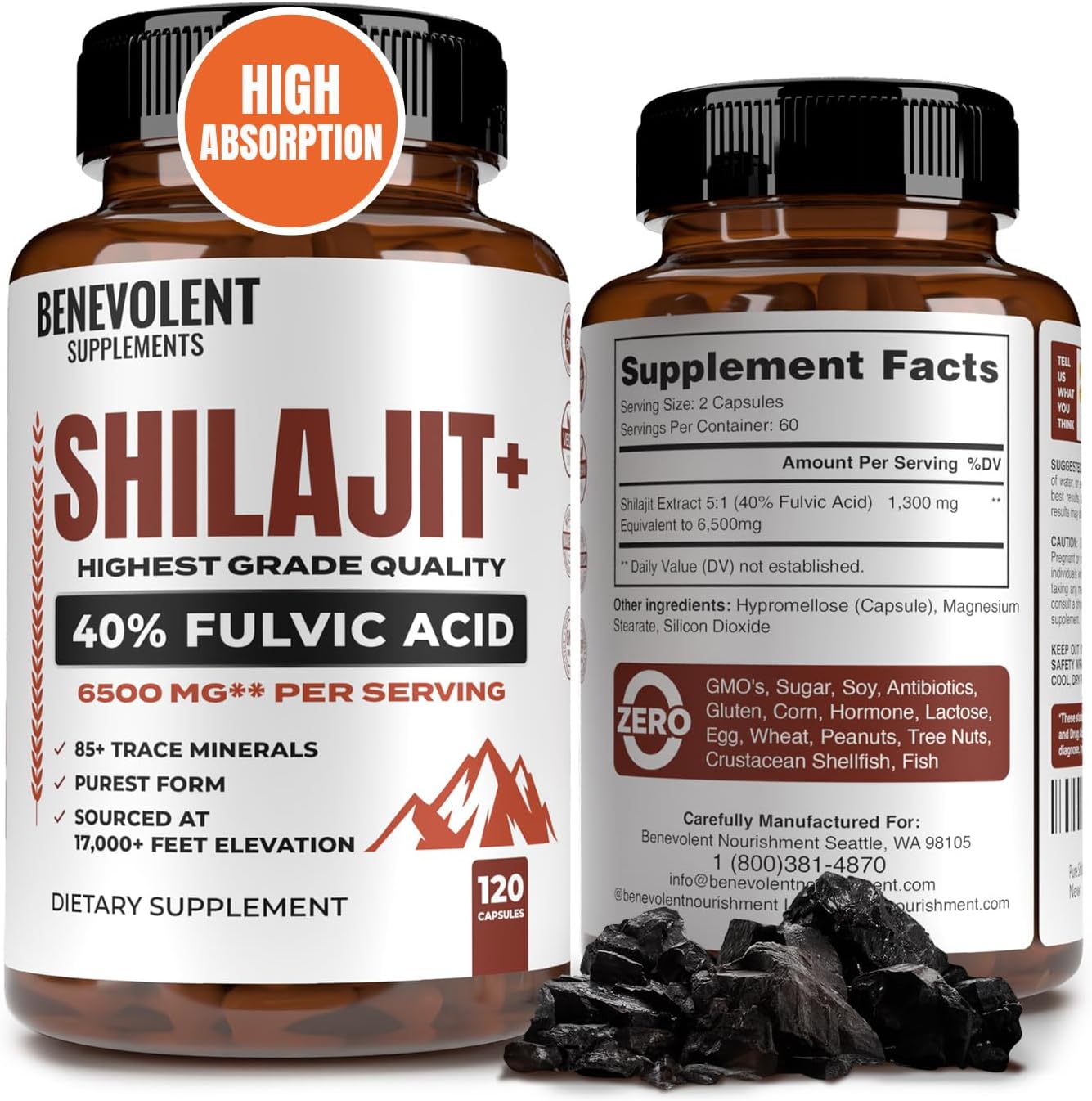 6,500mg Shilajit Supplement with 40% Fulvic Acid (High Absorption)- 120 Capsules