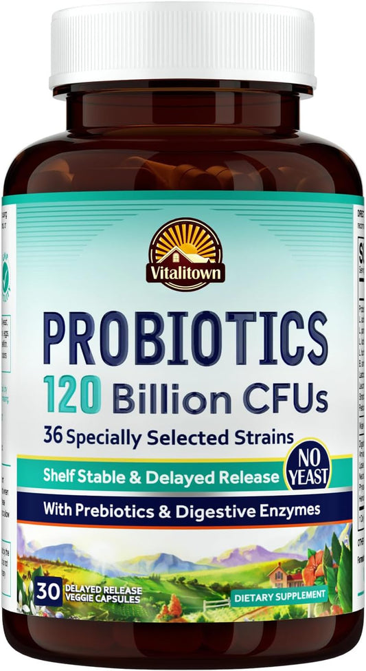 VITALITOWN Probiotics 120 Billion CFUs | 36 Strains, with Prebiotics & Digestive Enzymes for Men Women 30 count