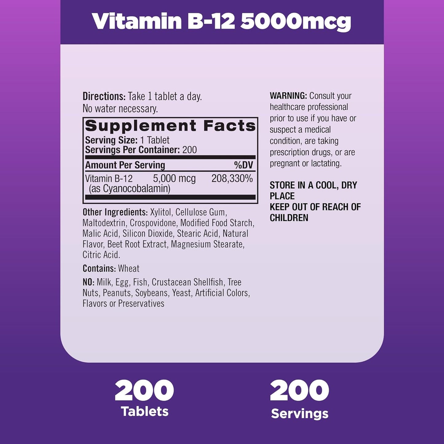 Natrol Vitamin B-12 5000mcg, Dietary Supplement for Cellular Energy 200  day supply