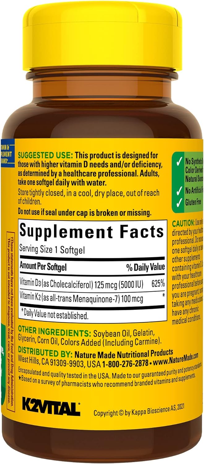 Nature Made Vitamin D3 K2, 5000 IU (125 mcg) 30 Softgels