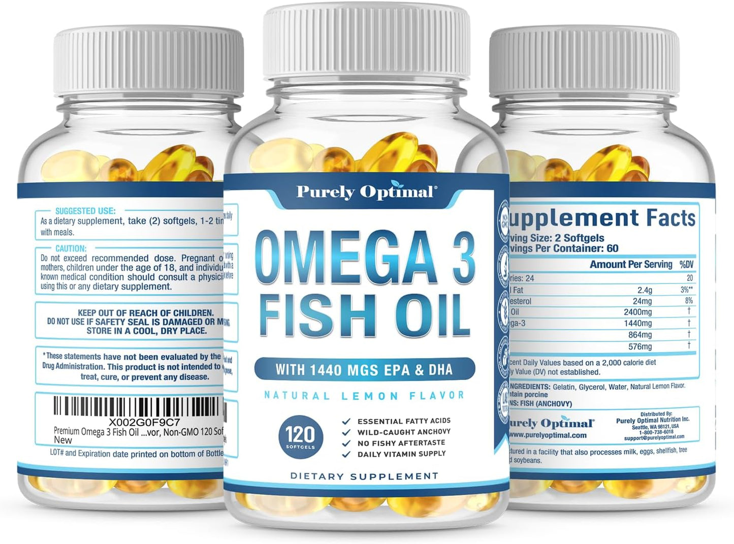 Premium Omega 3 Fish Oil Supplement 2400mg -120 Softgels