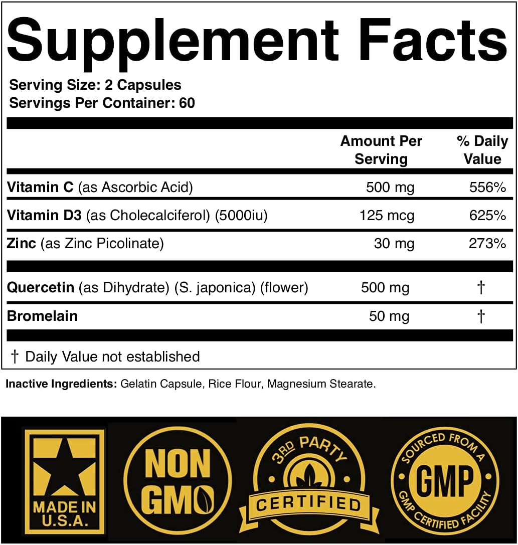 Zinc Quercetin 500mg with Vitamin C Vitamin D3 Bromelain Immune Support - 120 capsules