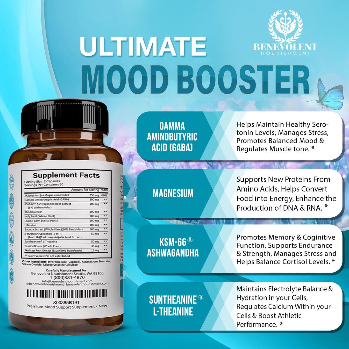 Calm Mood Booster Supplement - Natural Happy Pills for Stress, - 60 Count