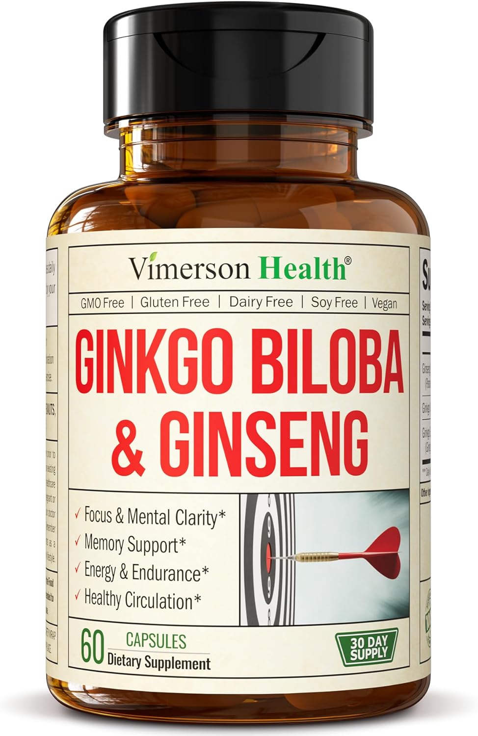 Ginseng + Ginkgo Biloba Supplements. Extra Strength Nootropics Brain Support 120mg