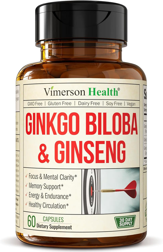 Ginseng + Ginkgo Biloba Supplements. Extra Strength Nootropics Brain Support 120mg