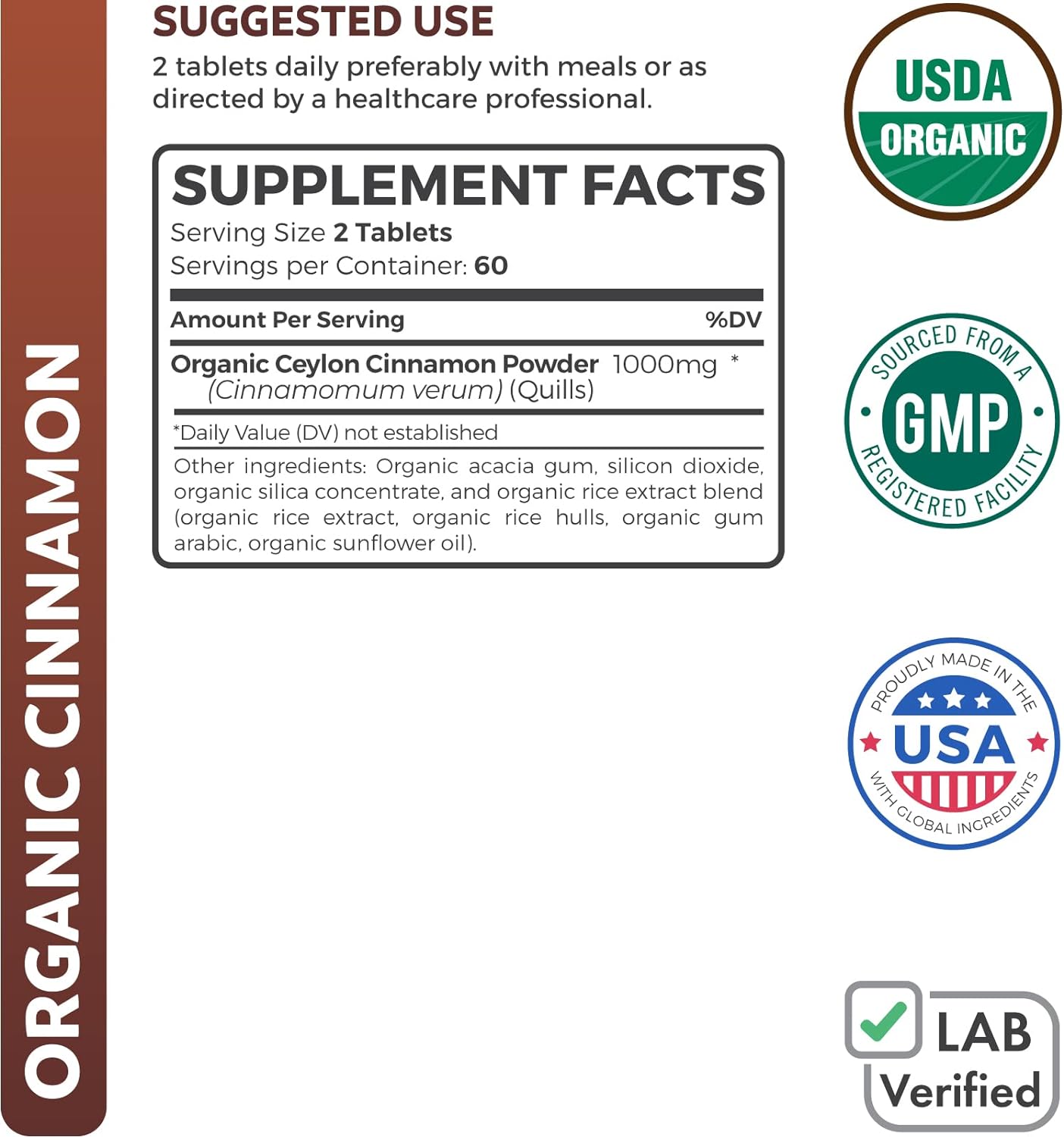 USDA Organic Ceylon Cinnamon 1000mg Cinnamon Quill Powder -120 tablets