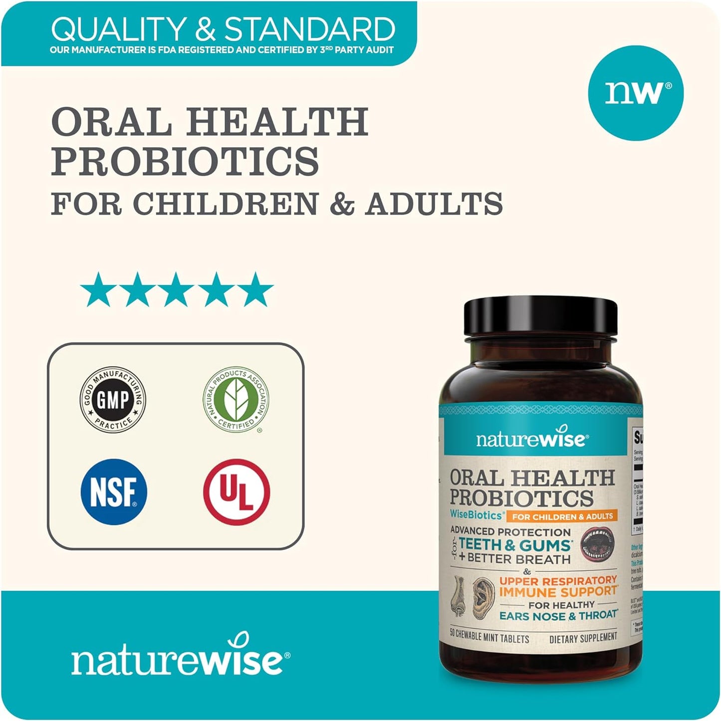 NatureWise Oral Health Chewable Probiotics 50 Tablets